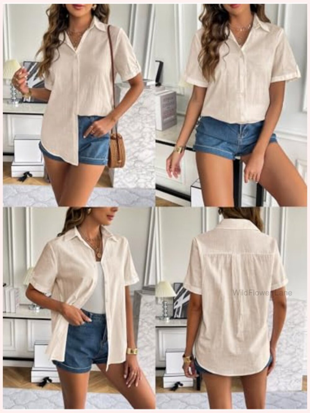 Zeagoo Women Cotton Linen Button Down Shirt Cuffed Short Sleeve V Neck Blouse - Picture 5 of 6